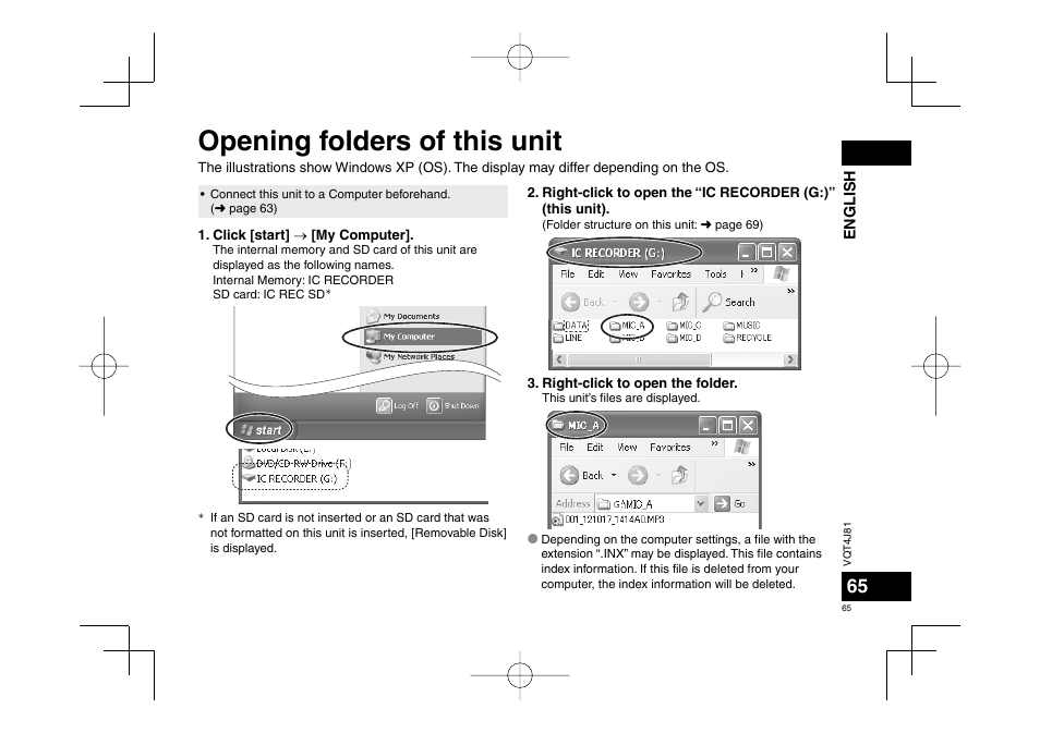 Opening folders of this unit | Panasonic RRXS450E User Manual | Page 65 / 234