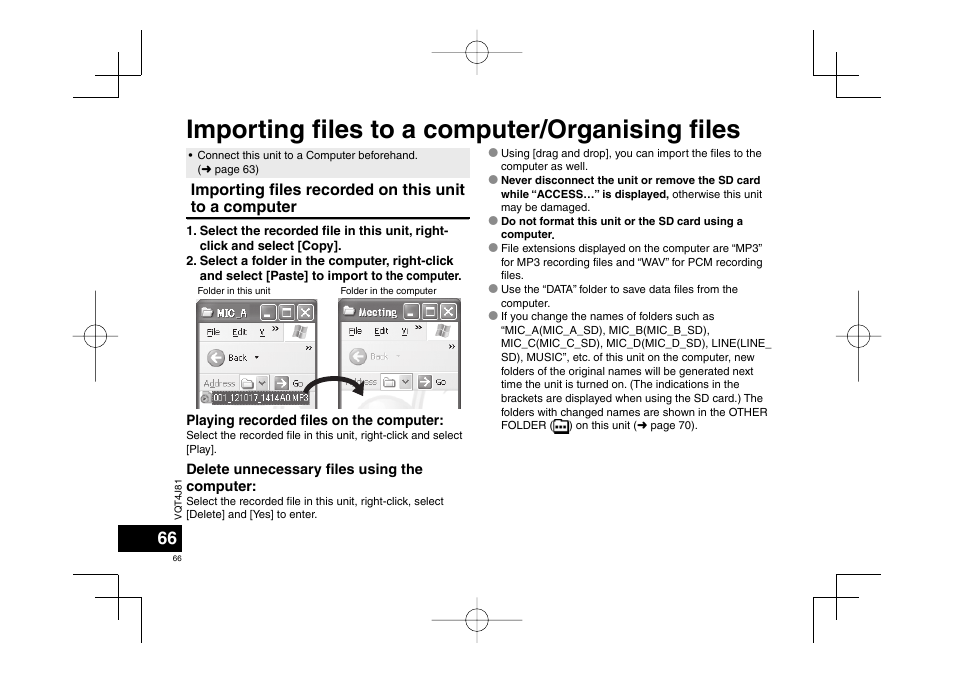 Importing fi les to a computer/organising fi les | Panasonic RRXS450E User Manual | Page 66 / 234