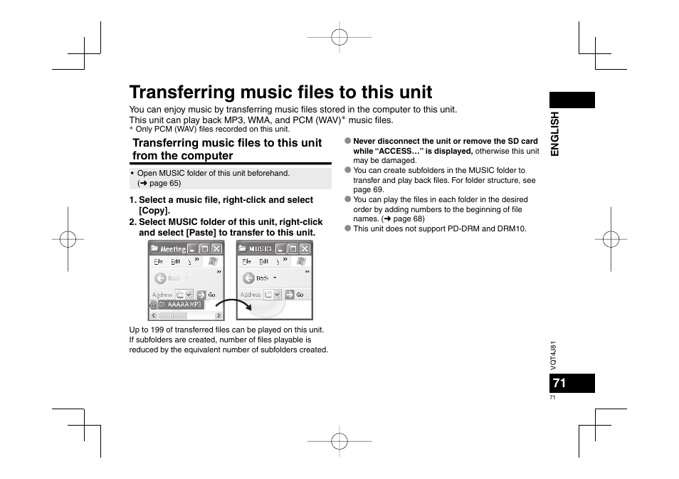 Transferring music fi les to this unit | Panasonic RRXS450E User Manual | Page 71 / 234