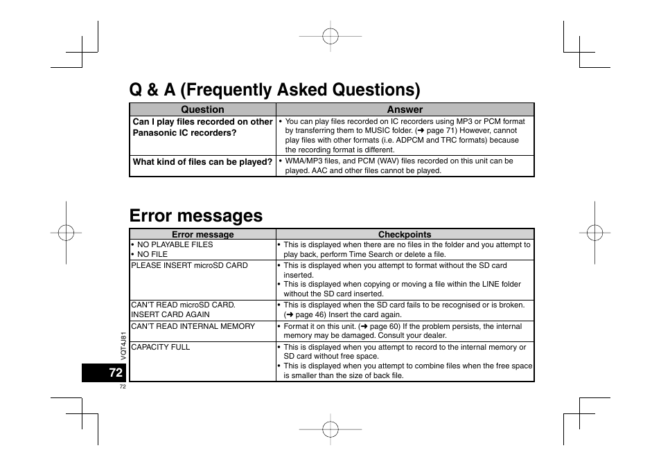 Q & a (frequently asked questions), Error messages | Panasonic RRXS450E User Manual | Page 72 / 234