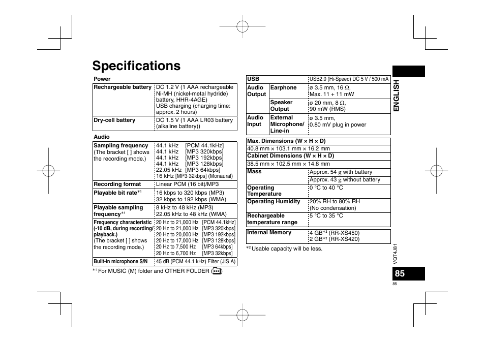 Specifi cations | Panasonic RRXS450E User Manual | Page 85 / 234