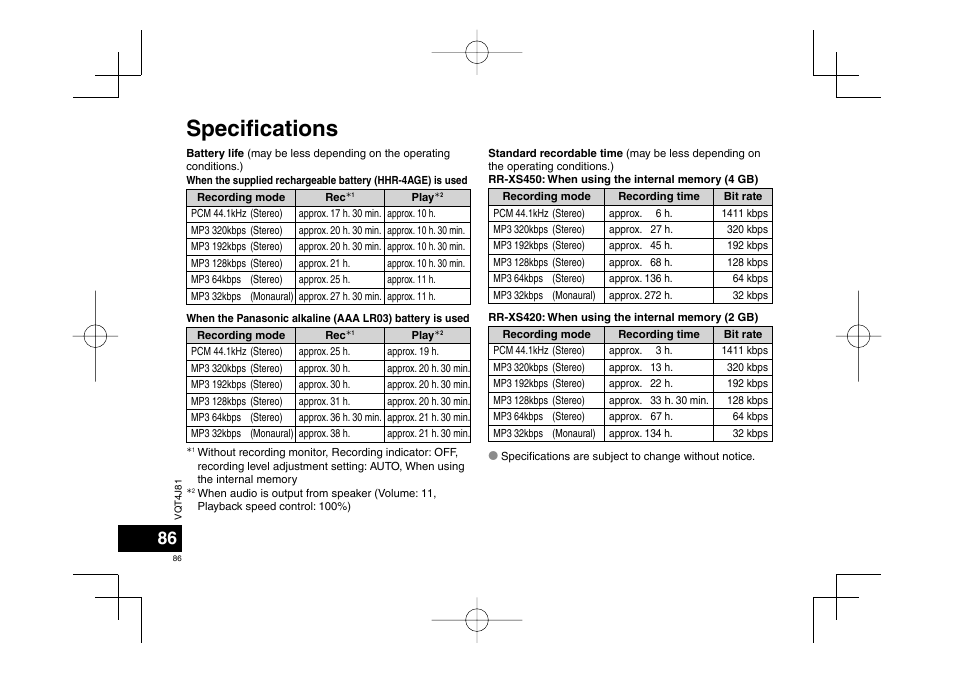 Specifi cations | Panasonic RRXS450E User Manual | Page 86 / 234