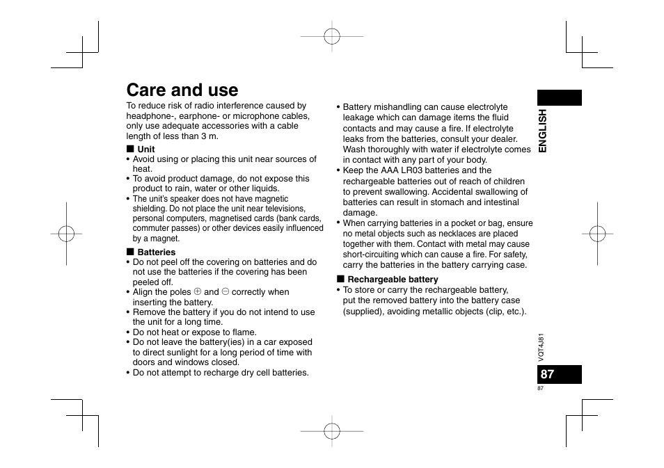 Care and use | Panasonic RRXS450E User Manual | Page 87 / 234