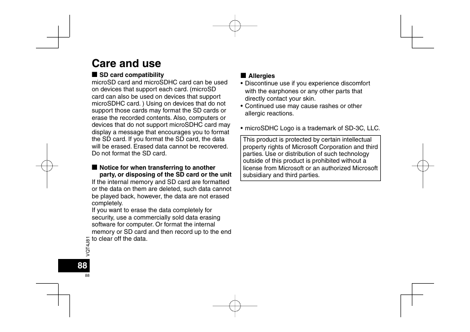 Care and use | Panasonic RRXS450E User Manual | Page 88 / 234