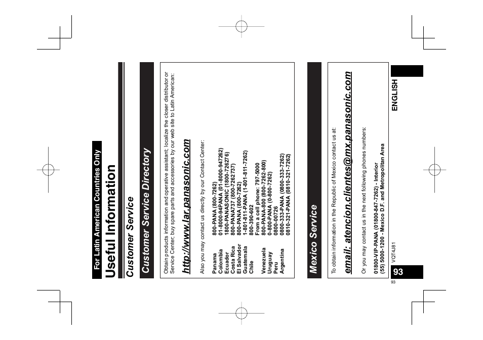 Useful inf ormation, Htt p :/ /w ww .lar.panasonic. com, Mexico servi ce | Panasonic RRXS450E User Manual | Page 93 / 234