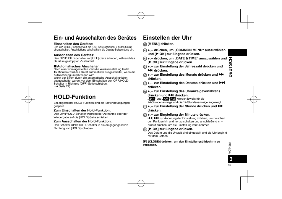 Ein- und ausschalten des gerätes, Hold-funktion, Einstellen der uhr | Panasonic RRXS450E User Manual | Page 95 / 234