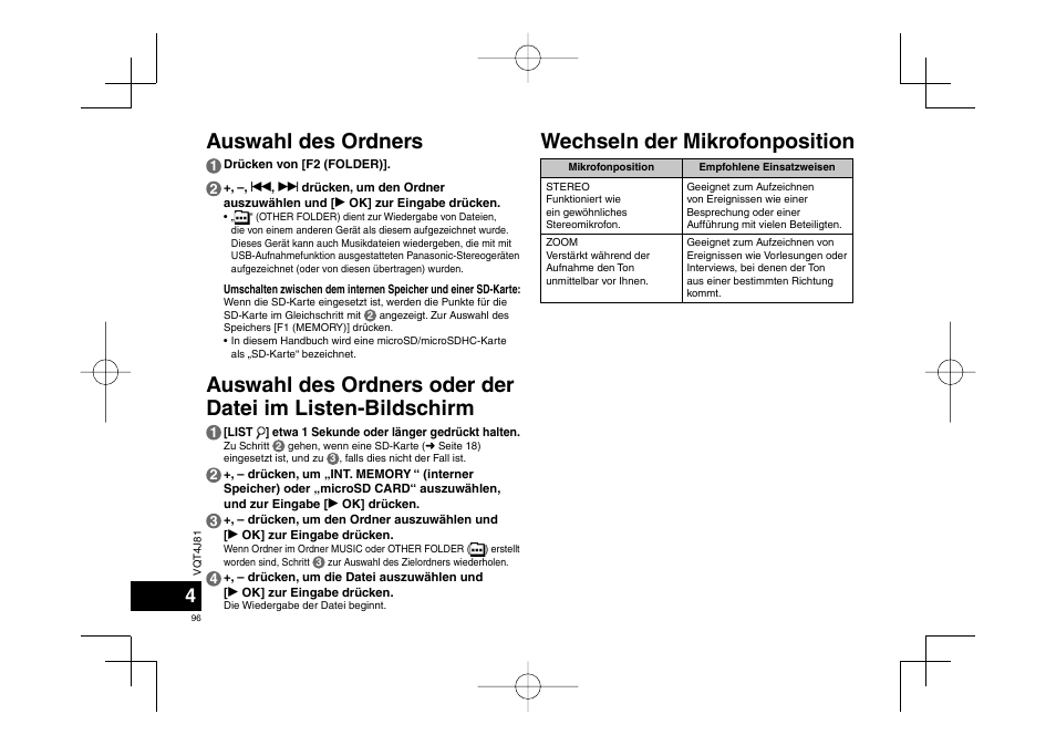 Auswahl des ordners wechseln der mikrofonposition | Panasonic RRXS450E User Manual | Page 96 / 234