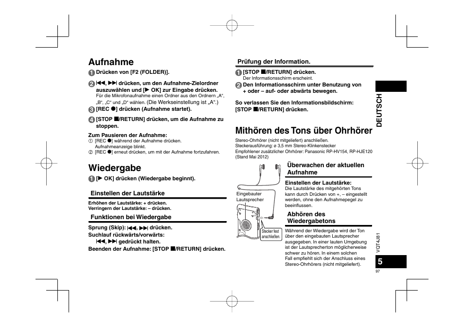 Mithören des tons über ohrhörer, Aufnahme wiedergabe | Panasonic RRXS450E User Manual | Page 97 / 234