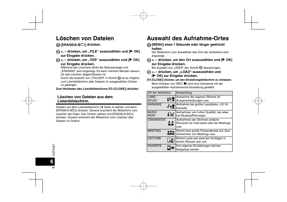 Löschen von dateien, Auswahl des aufnahme-ortes | Panasonic RRXS450E User Manual | Page 98 / 234