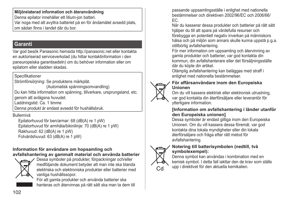 Garanti | Panasonic ESWD92 User Manual | Page 102 / 190