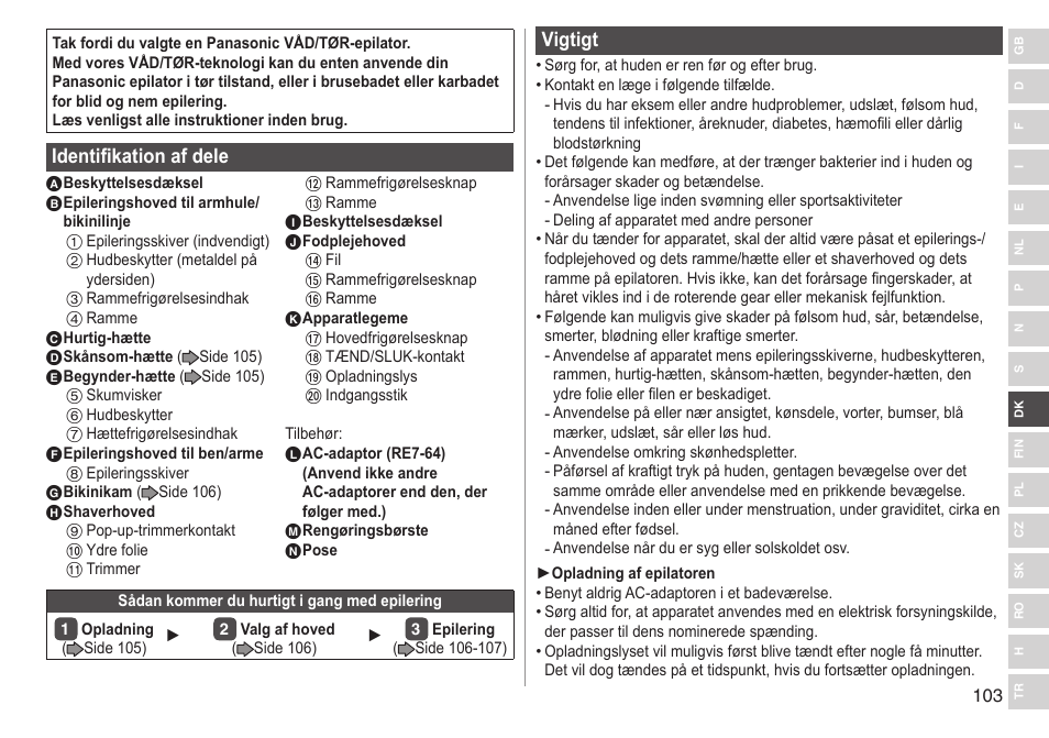 Identifikation af dele, Vigtigt | Panasonic ESWD92 User Manual | Page 103 / 190