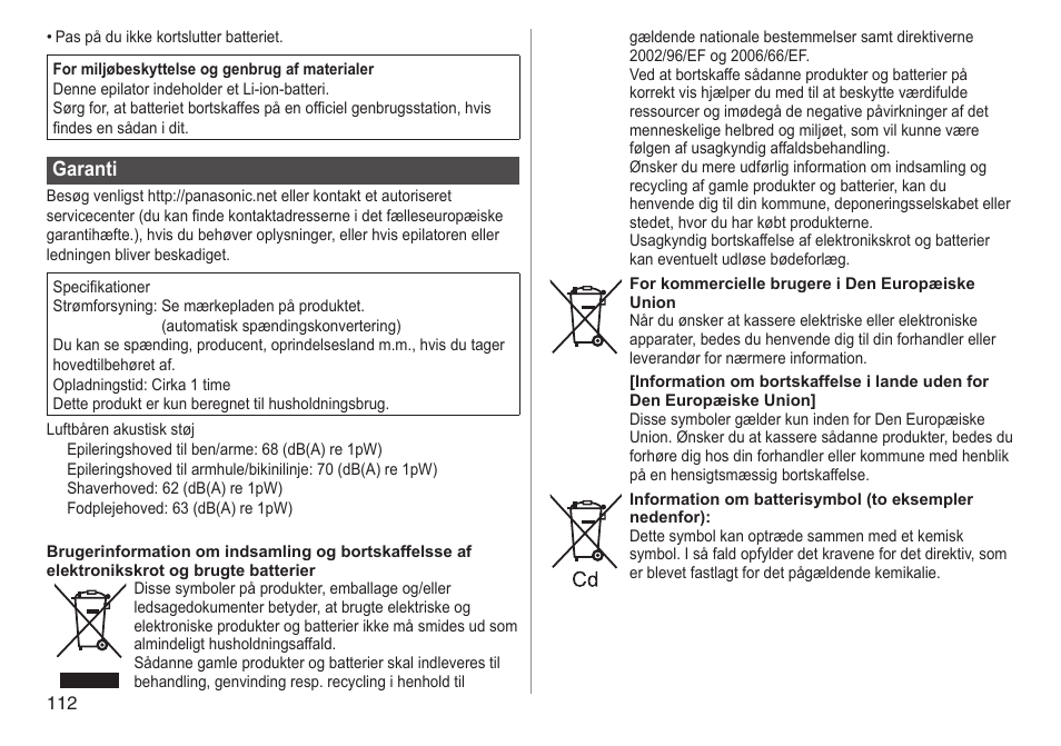 Garanti | Panasonic ESWD92 User Manual | Page 112 / 190