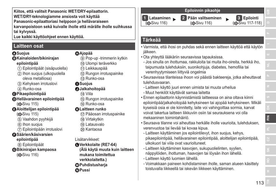 Laitteenosat, Tärkeää | Panasonic ESWD92 User Manual | Page 113 / 190