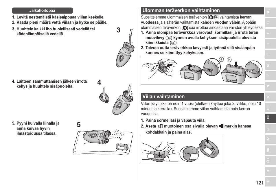 Ulommanteräverkonvaihtaminen, Viilanvaihtaminen | Panasonic ESWD92 User Manual | Page 121 / 190