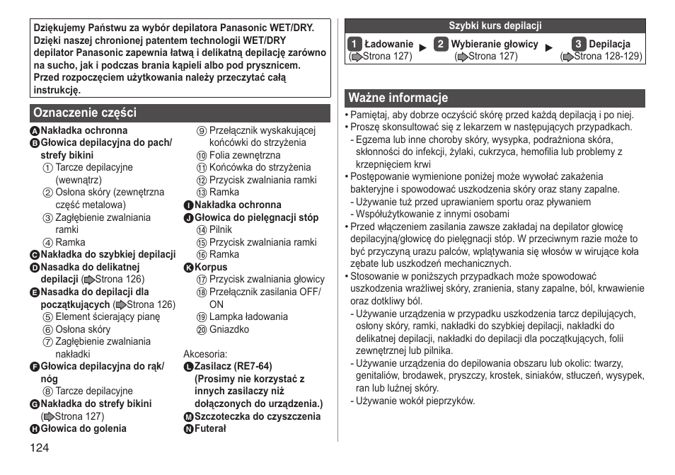 Oznaczenie części, Ważne informacje | Panasonic ESWD92 User Manual | Page 124 / 190