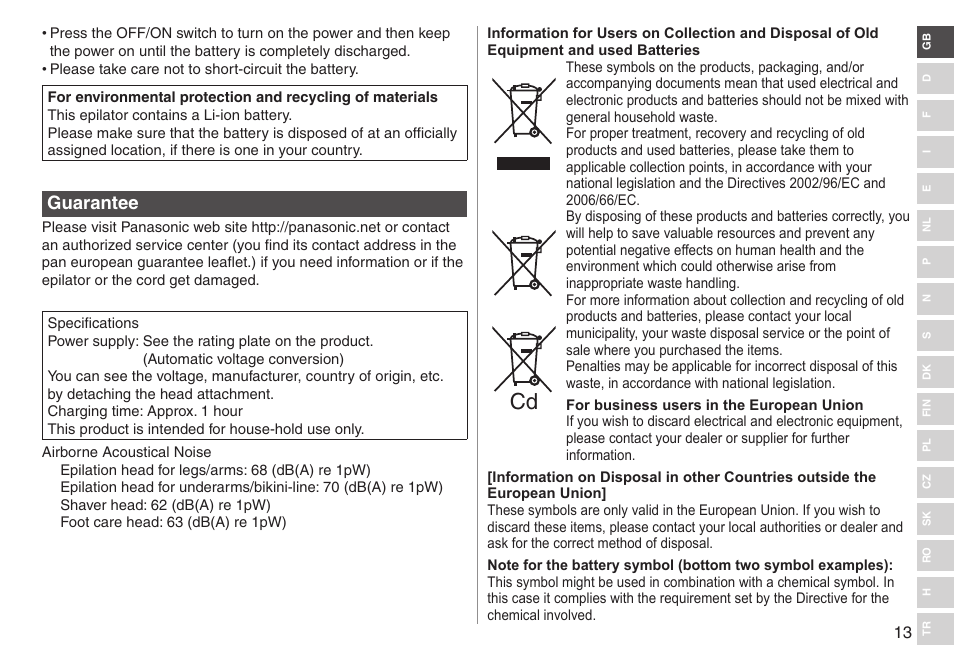 Guarantee | Panasonic ESWD92 User Manual | Page 13 / 190