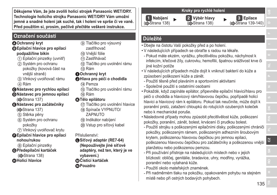 Označení součástí, Důležité | Panasonic ESWD92 User Manual | Page 135 / 190