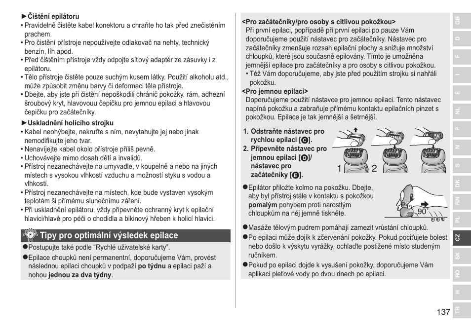 Tipy pro optimální výsledek epilace | Panasonic ESWD92 User Manual | Page 137 / 190