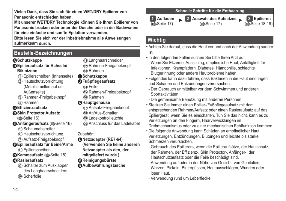 Bauteile-bezeichnungen, Wichtig | Panasonic ESWD92 User Manual | Page 14 / 190