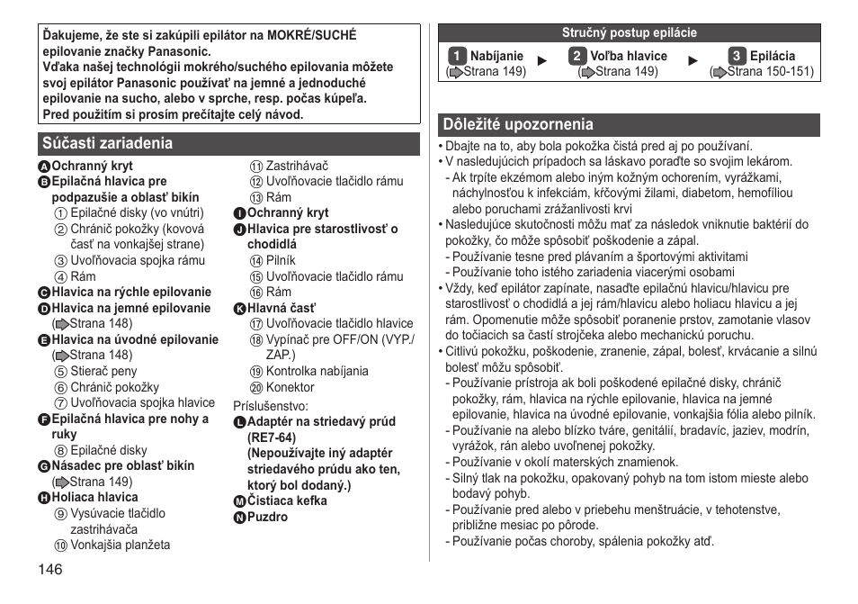 Súčasti zariadenia, Dôležité upozornenia | Panasonic ESWD92 User Manual | Page 146 / 190