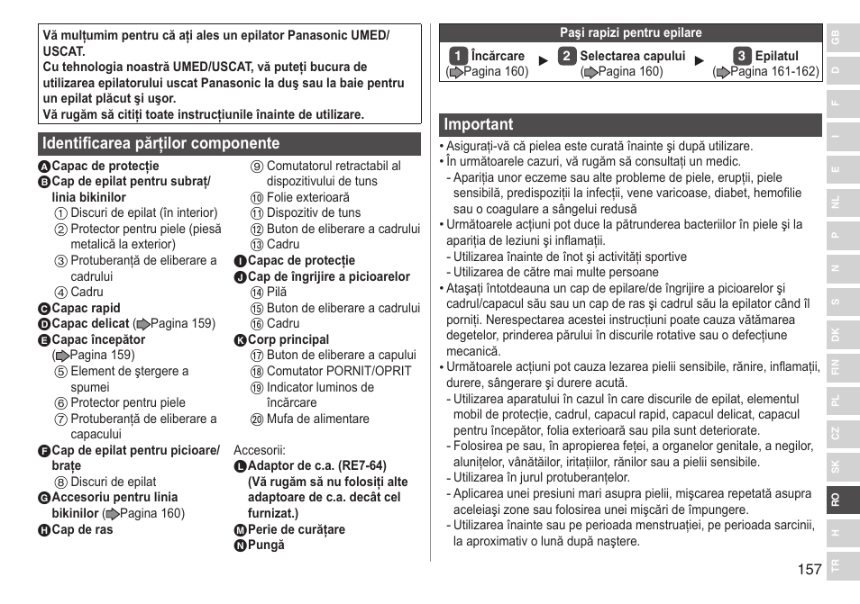 Identificarea părţilor componente, Important | Panasonic ESWD92 User Manual | Page 157 / 190