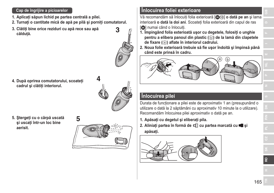 Înlocuirea foliei exterioare, Înlocuireapilei | Panasonic ESWD92 User Manual | Page 165 / 190