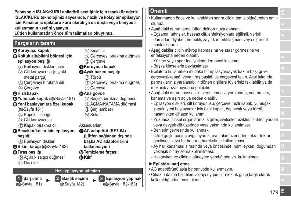 Parçaların tanımı, Önemli | Panasonic ESWD92 User Manual | Page 179 / 190