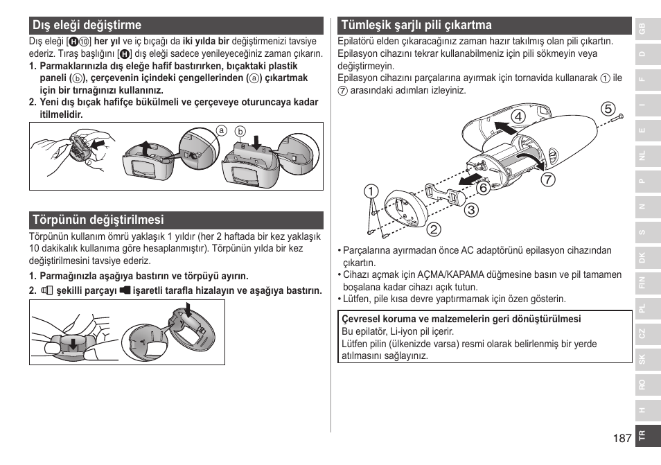 Dış eleği değiştirme, Törpünün değiştirilmesi, Tümleşik şarjlı pili çıkartma | Panasonic ESWD92 User Manual | Page 187 / 190