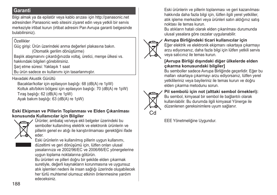 Garanti | Panasonic ESWD92 User Manual | Page 188 / 190