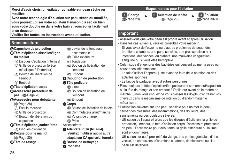 Nomenclature, Important | Panasonic ESWD92 User Manual | Page 26 / 190