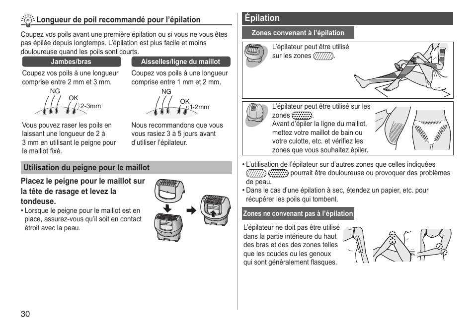 Épilation | Panasonic ESWD92 User Manual | Page 30 / 190