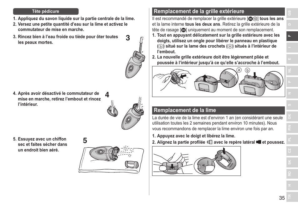 Remplacement de la grille extérieure, Remplacementdelalime | Panasonic ESWD92 User Manual | Page 35 / 190