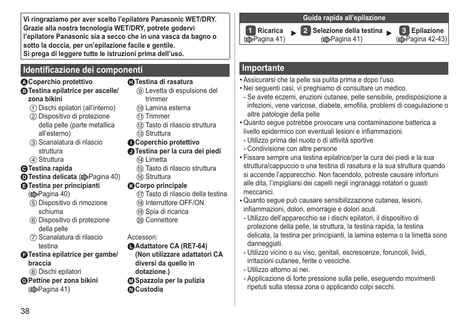 Identificazione dei componenti, Importante | Panasonic ESWD92 User Manual | Page 38 / 190