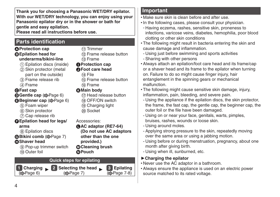 Parts identification, Important | Panasonic ESWD92 User Manual | Page 4 / 190