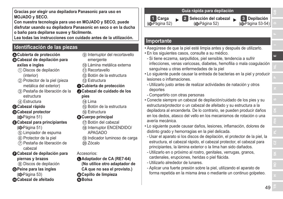 Identificación de las piezas, Importante | Panasonic ESWD92 User Manual | Page 49 / 190