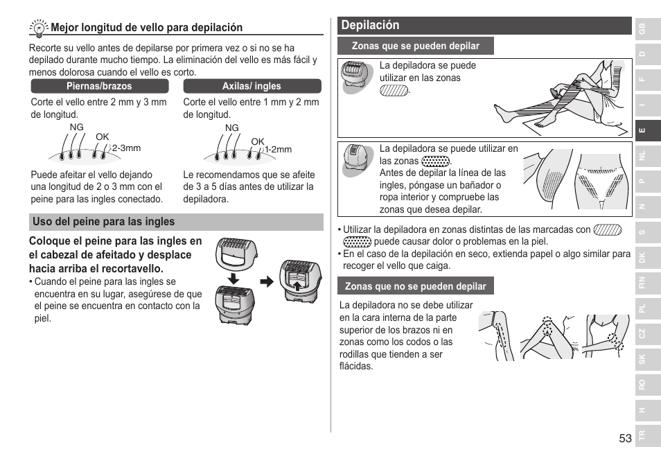 Depilación | Panasonic ESWD92 User Manual | Page 53 / 190