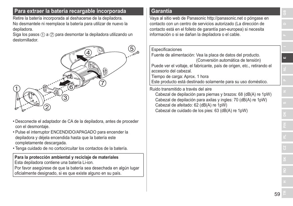 Para extraer la batería recargable incorporada, Garantía | Panasonic ESWD92 User Manual | Page 59 / 190