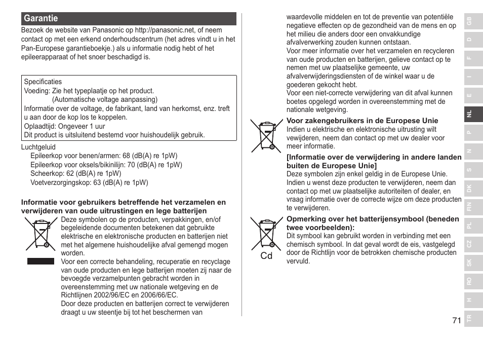 Garantie | Panasonic ESWD92 User Manual | Page 71 / 190