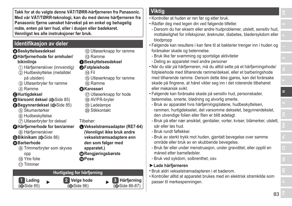 Identifikasjon av deler, Viktig | Panasonic ESWD92 User Manual | Page 83 / 190