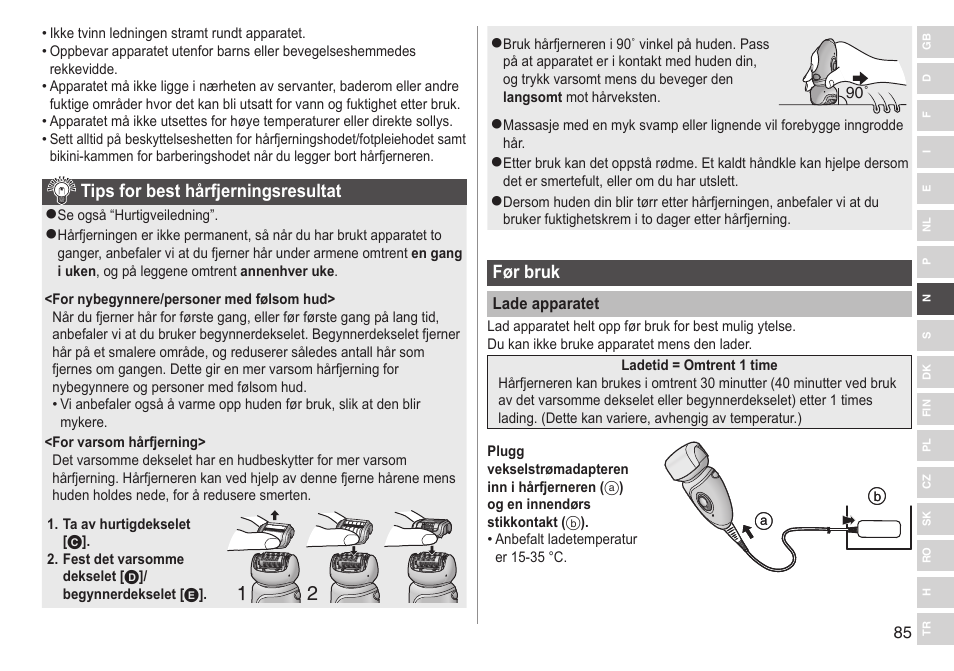 Tipsforbesthårfjerningsresultat, Førbruk | Panasonic ESWD92 User Manual | Page 85 / 190