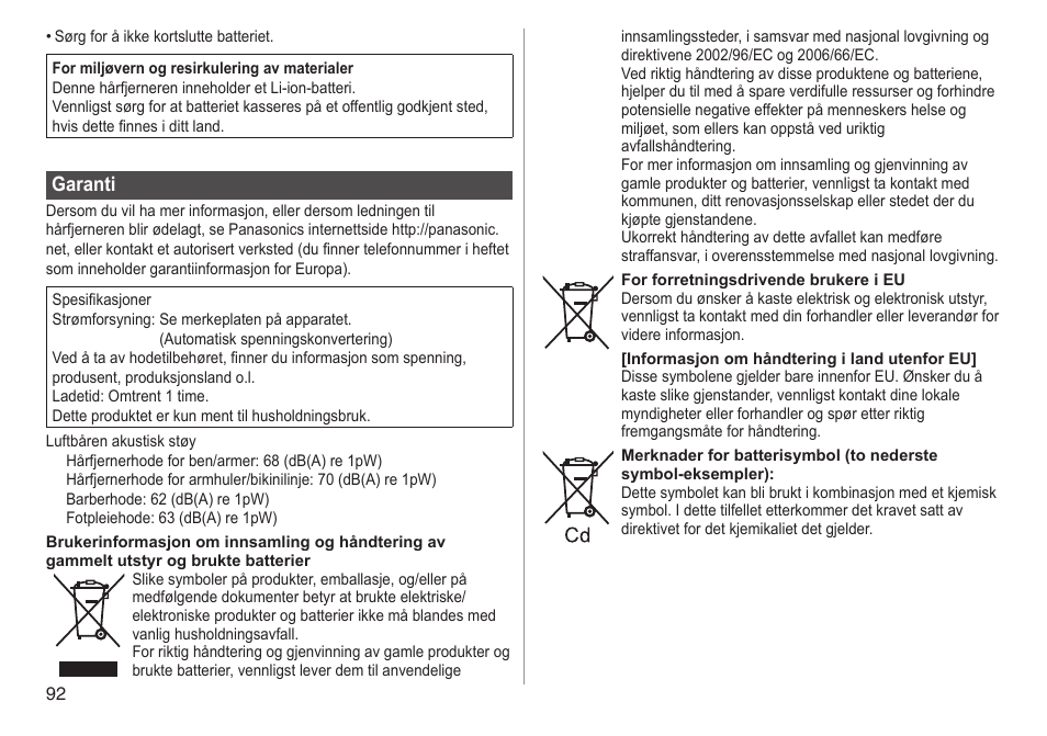 Garanti | Panasonic ESWD92 User Manual | Page 92 / 190