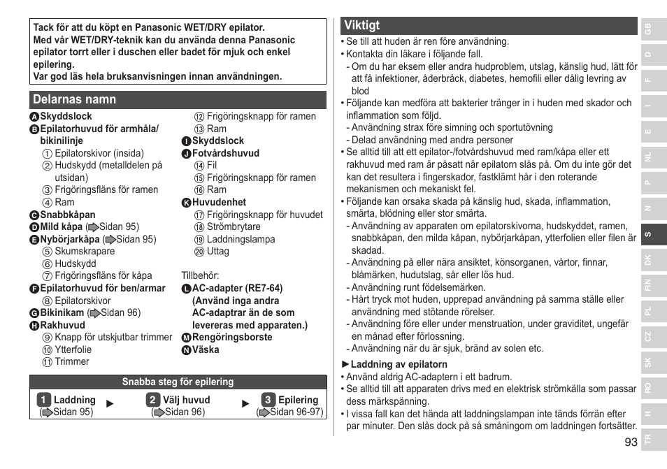 Delarnasnamn, Viktigt | Panasonic ESWD92 User Manual | Page 93 / 190