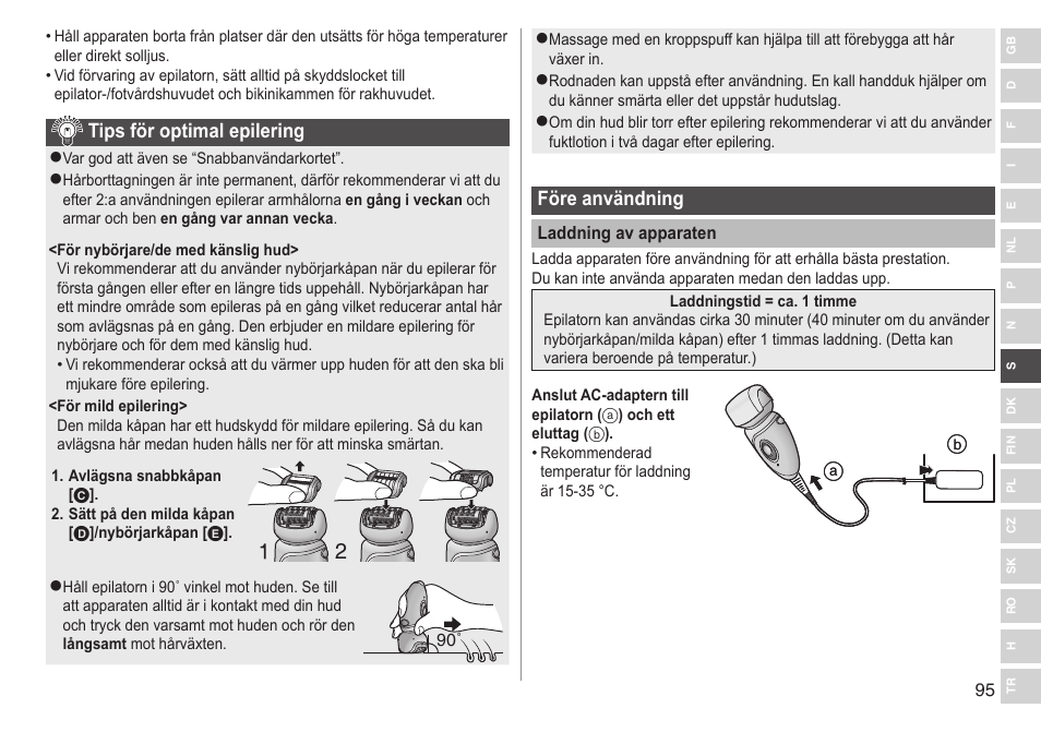 Tipsföroptimalepilering, Föreanvändning | Panasonic ESWD92 User Manual | Page 95 / 190