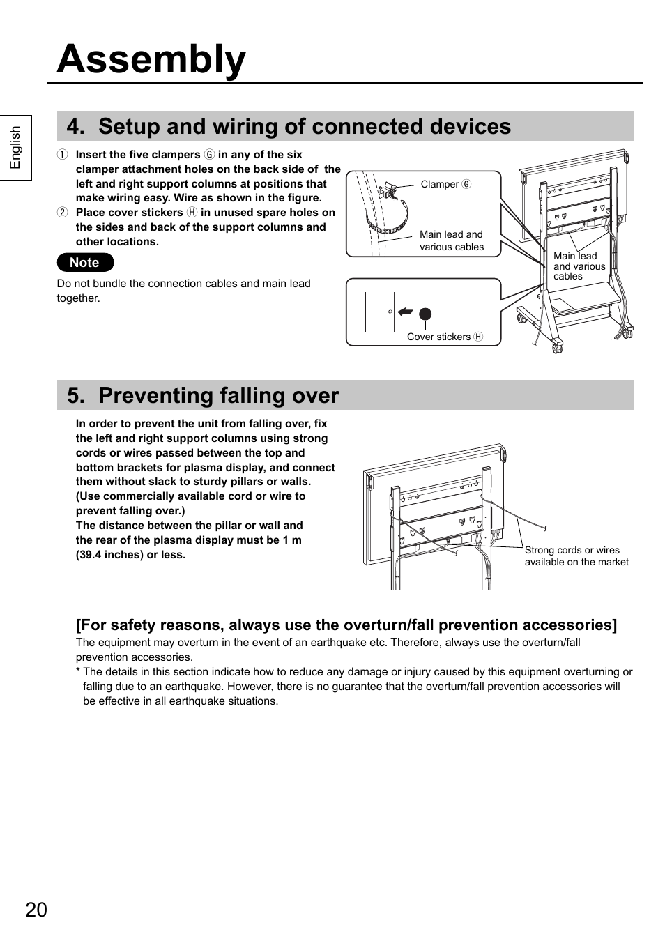 Assembly, Setup and wiring of connected devices, Preventing falling over | Panasonic TYST58PF20 User Manual | Page 20 / 122