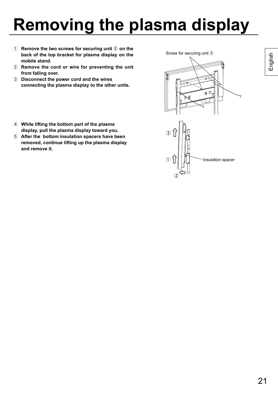 Removing the plasma display | Panasonic TYST58PF20 User Manual | Page 21 / 122