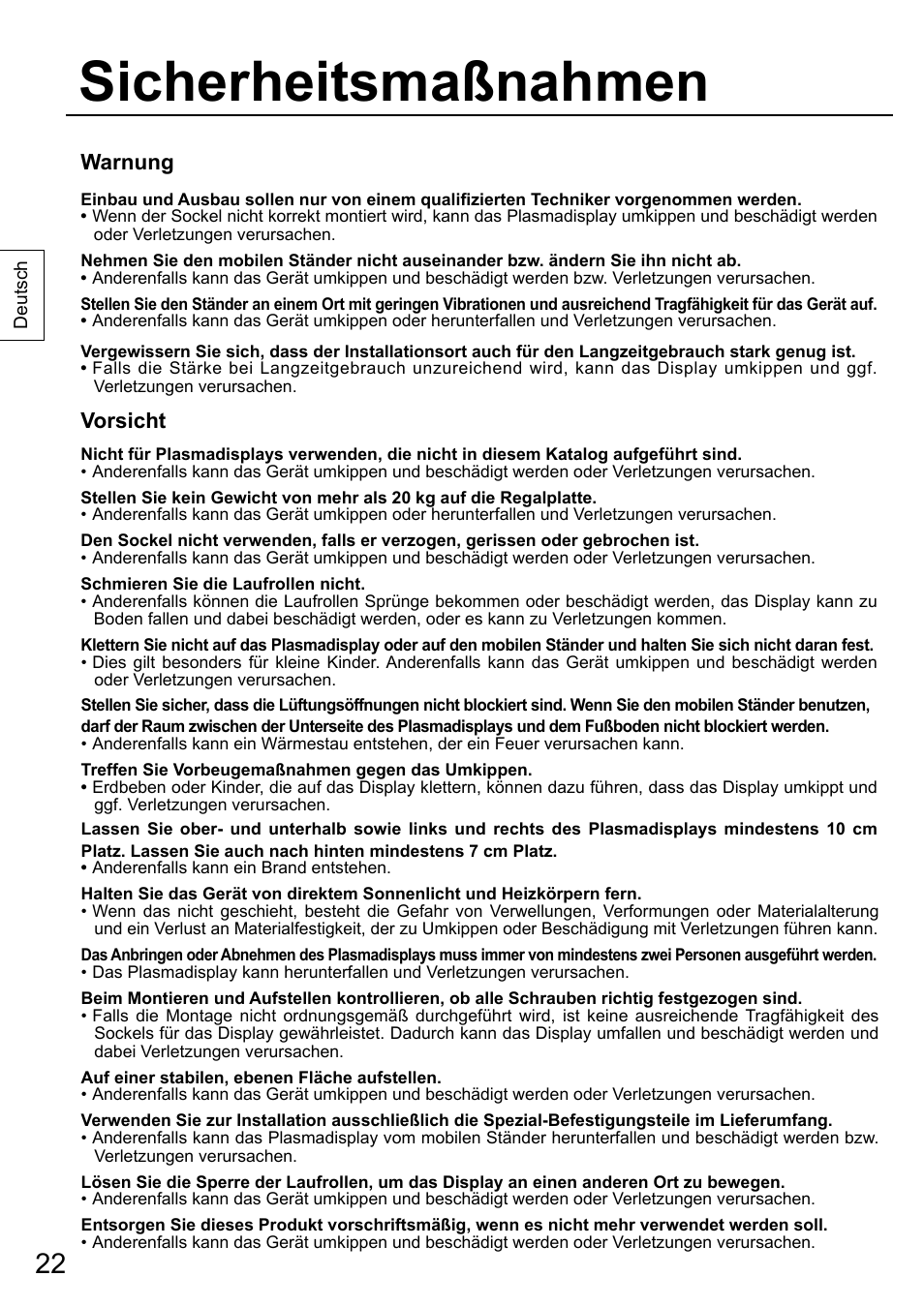 Sicherheitsmaßnahmen, Warnung, Vorsicht | Panasonic TYST58PF20 User Manual | Page 22 / 122