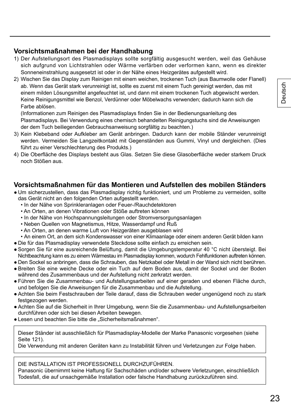 Vorsichtsmaßnahmen bei der handhabung | Panasonic TYST58PF20 User Manual | Page 23 / 122