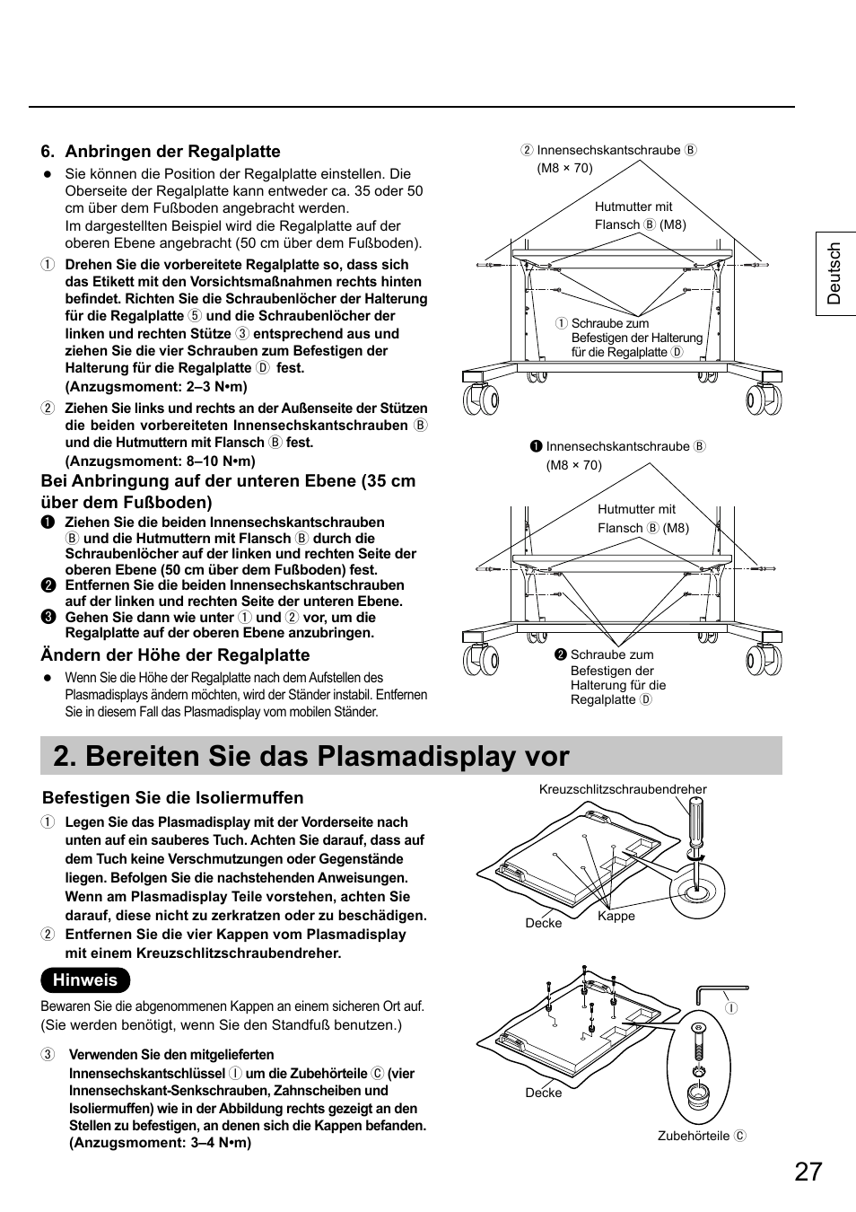 Bereiten sie das plasmadisplay vor | Panasonic TYST58PF20 User Manual | Page 27 / 122
