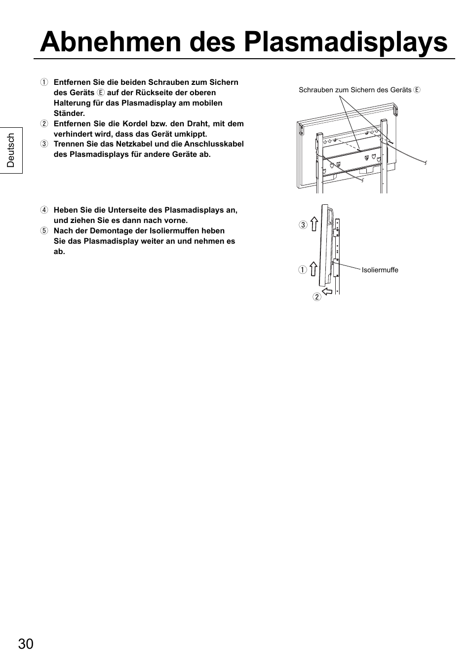 Abnehmen des plasmadisplays | Panasonic TYST58PF20 User Manual | Page 30 / 122