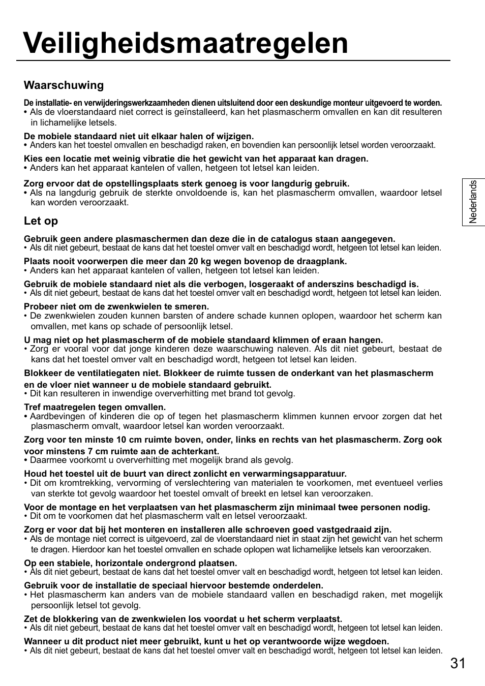 Veiligheidsmaatregelen, Waarschuwing, Let op | Panasonic TYST58PF20 User Manual | Page 31 / 122